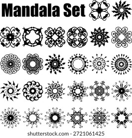 Conjunto de mandala negro de diversos adornos geométricos circulares y motivos florales