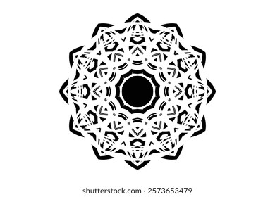 Black mandala with swirling patterns and a central circle, emphasizing movement and symmetry	
