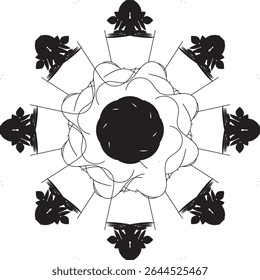  Black Mandala with Tribal Accents.A bold black mandala featuring tribal-inspired geometric elements, suitable for tattoo, design, and cultural art projects.