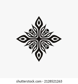 Black Mandala Tribal Flower Symbol Logo on White Background. Stencil Decal Tattoo Design. Flat Vector Illustration.