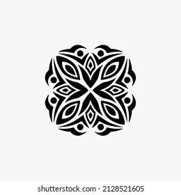 Black Mandala Tribal Flower Symbol Logo on White Background. Stencil Decal Tattoo Design. Flat Vector Illustration.