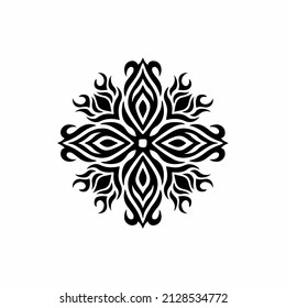 Black Mandala Tribal Sun Symbol Logo on White Background. Stencil Decal Tattoo Design. Flat Vector Illustration.