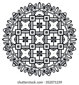 Black Mandala. Vector geometric round ornament, tribal ethnic arabic Indian motif, circular abstract floral pattern. Hand drawn decorative design element for cards, invitations, fabric or paper print