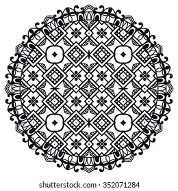 Black Mandala. Vector geometric round ornament, tribal ethnic arabic Indian motif, circular abstract floral pattern. Hand drawn decorative design element for cards, invitations, fabric or paper print
