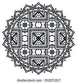 Black Mandala. Vector geometric round ornament, tribal ethnic arabic Indian motif, circular abstract floral pattern. Hand drawn decorative design element for cards, invitations, fabric or paper print