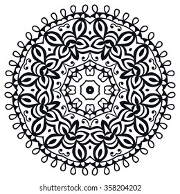 Black Mandala. Vector geometric round ornament, tribal ethnic arabic Indian motif, circular abstract floral pattern. Hand drawn decorative design element for cards, invitations, fabric or paper print