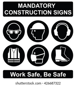 Black mandatory construction manufacturing and engineering health and safety signs to current British Standards isolated on white background