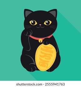 Black Maneki neko cat icon with a raised right paw. Japanese lucky cat flat cartoon illustration. Symbol of wealth and luck