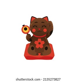 Black maneki neko cat, Japanese lucky symbol in flat style - vector illustration isolated on white background. Traditional asian fortune talisman.
