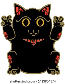 Black Maneki Neko inspired kitty, cute and playful young cat in stylized decorative cartoon style.