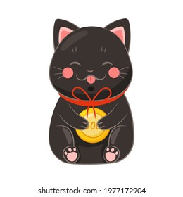 Black Maneki-neko Cat Holding Gold Coin as Ceramic Japanese Figurine Bringing Good Luck Vector Illustration