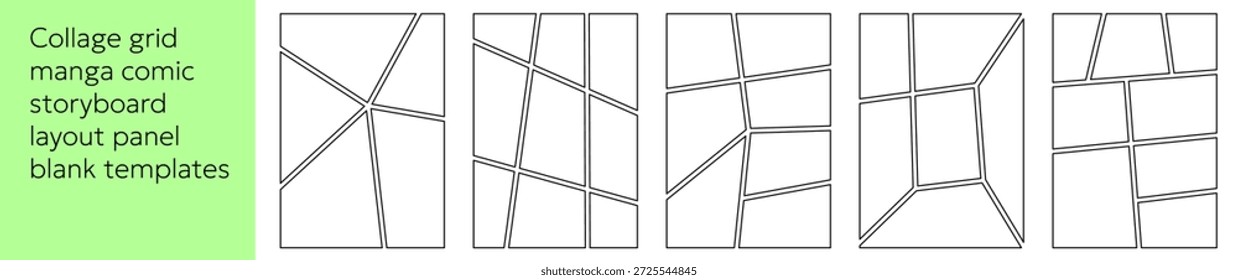 Panel de manga negro sobre un fondo de papel en blanco para dibujar cómics. Cuadrícula de guion gráfico clásico con marcos vacíos para episodios de anime japonés, bocetos y collages de fotografías artísticas.