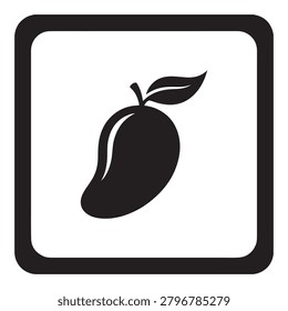 A black of a mango fruit with a single leaf, contained within a rounded square border on a white background.