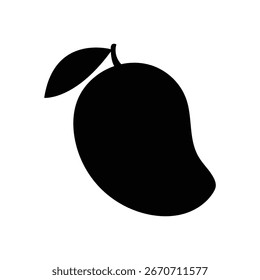 La silueta de mango negro con hoja muestra un contorno de fruta simple que transmite frescura y forma natural contra un fondo blanco y limpio.