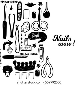 Black Manicure tools hand drawn vector banner with lettering and hand drawn make up items for promotion