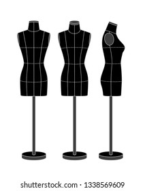 Black mannequin for sewing and modeling, front, back and side.