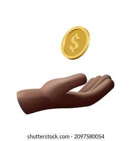 The black man's hand flips a coin. Color vector illustration, 3D realistic style. White isolated background.