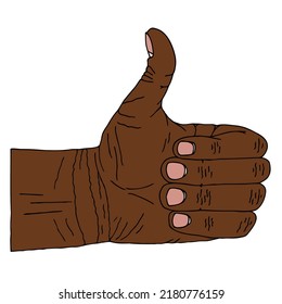 Black man's hand is shows a thumbs up gesture. Hand Drawn. Freehand drawing. Doodle. Sketch. Outline.	