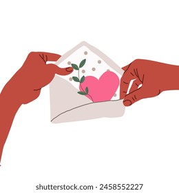 A black man's hands open a paper envelope with a Valentine, a heart, a greeting, an invitation. Handwritten correspondence. Flat vector illustration of mail isolated on white background