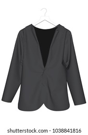 Black man's jacket on a hanger. 3D. Front view. Vector illustration. A realistic jacket.
