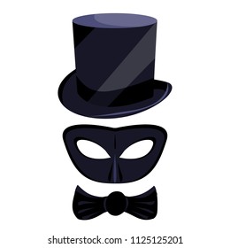 Black man's old, retro, vintage hat, cylinder with bow tie,mask. Modern flat cartoons style vector illustration icons. Isolated on white background. Male hat with bow tie. Black shiny hat with bow tie