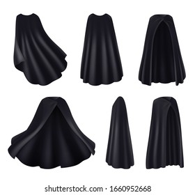 Black mantle realistic set with isolated images of dark cloth robes with folds on blank background vector illustration