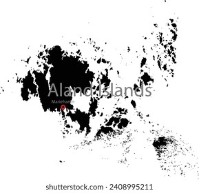 Black Map of Aland Islands with location marker of the capital and inscription of the name of the country and the capital inside map