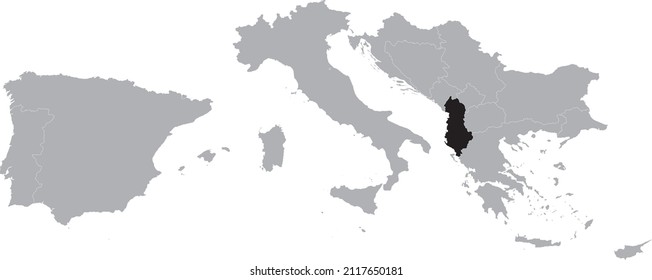 Black Map of Albania within the gray map of South Europe