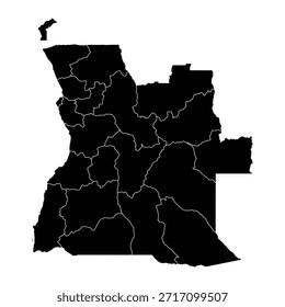 Mapa negro de Angola con su división provincial aislada sobre fondo blanco. Ilustración vectorial