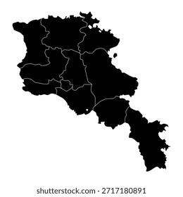 Mapa negro da Armênia com sua divisão administrativa isolada sobre fundo branco. Ilustração vetorial