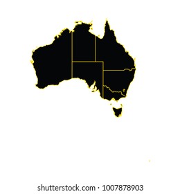 Black map of Australia, mainland of Australian continent, Tasmania, and numerous smaller islands outlines with white background and black silhouette.