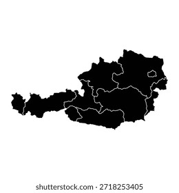 Black map of Austria with its administrative division isolated on white background. Vector illustration