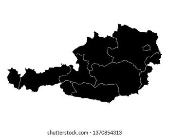 Black Map of Austria on White Background  With States