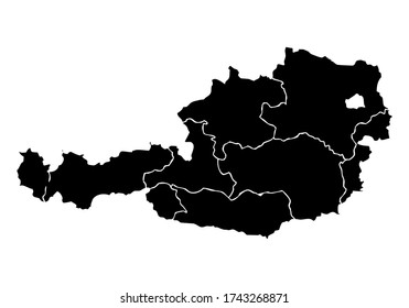 Mapa negro de Austria sobre fondo blanco.