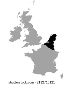 Mapa negro de los países de la península del Benelux dentro del mapa gris de Europa Occidental