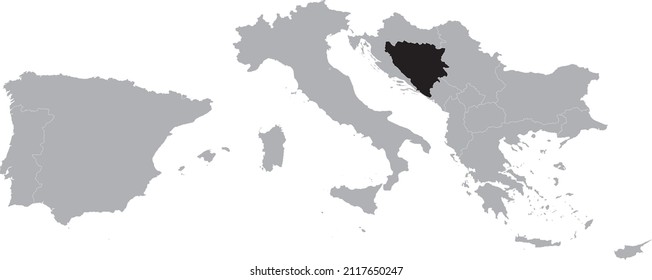 Black Map of Bosnia and Herzegovina within the gray map of South Europe