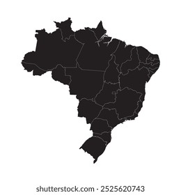 Mapa negro do Brasil com sua divisão administrativa isolada sobre fundo branco. Ilustração vetorial