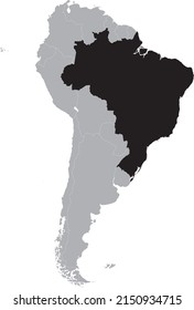 Black Map of Brazil - the eastern region of South America within the gray map of the South American continent