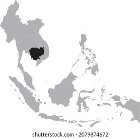 Black Map of Cambodia inside the gray map of Southeast region of Asia