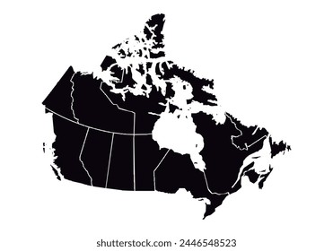 Schwarze Karte von Kanada auf weißem Hintergrund.