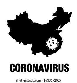 Black map of China with coronavirus isolated on white background