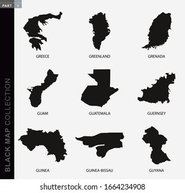 Black map collection, black contour maps of World. Map collection  