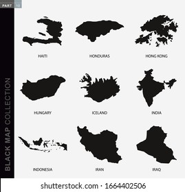 Black map collection, black contour maps of World. Map collection  