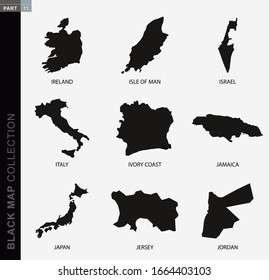 Black map collection, black contour maps of World. Map collection  