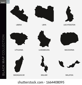 Black map collection, black contour maps of World. Map collection  