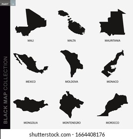 Black map collection, black contour maps of World. Map collection  