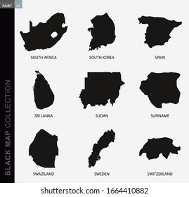 Schwarze Kartensammlung, schwarze Konturkarten von World. Kartensammlung  