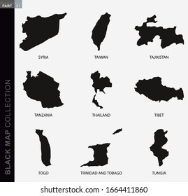 Schwarze Kartensammlung, schwarze Konturkarten von World. Kartensammlung  