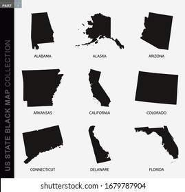 Black map collection of USA states, black contour maps. US state map collection Part 1.