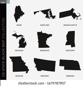 Black map collection of USA states, black contour maps. US state map collection Part 3.
